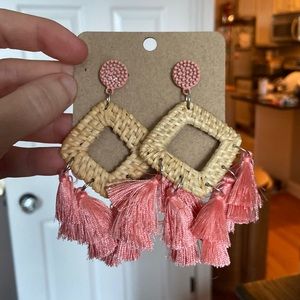 Pink/Coral Rattan Fringe Earrings